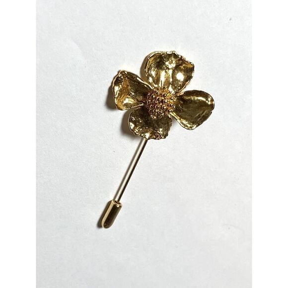 Stick Pin Dogwood Flower Four Leaves Vintage Estate Large Unique Rare Gold Tone - Picture 2 of 6